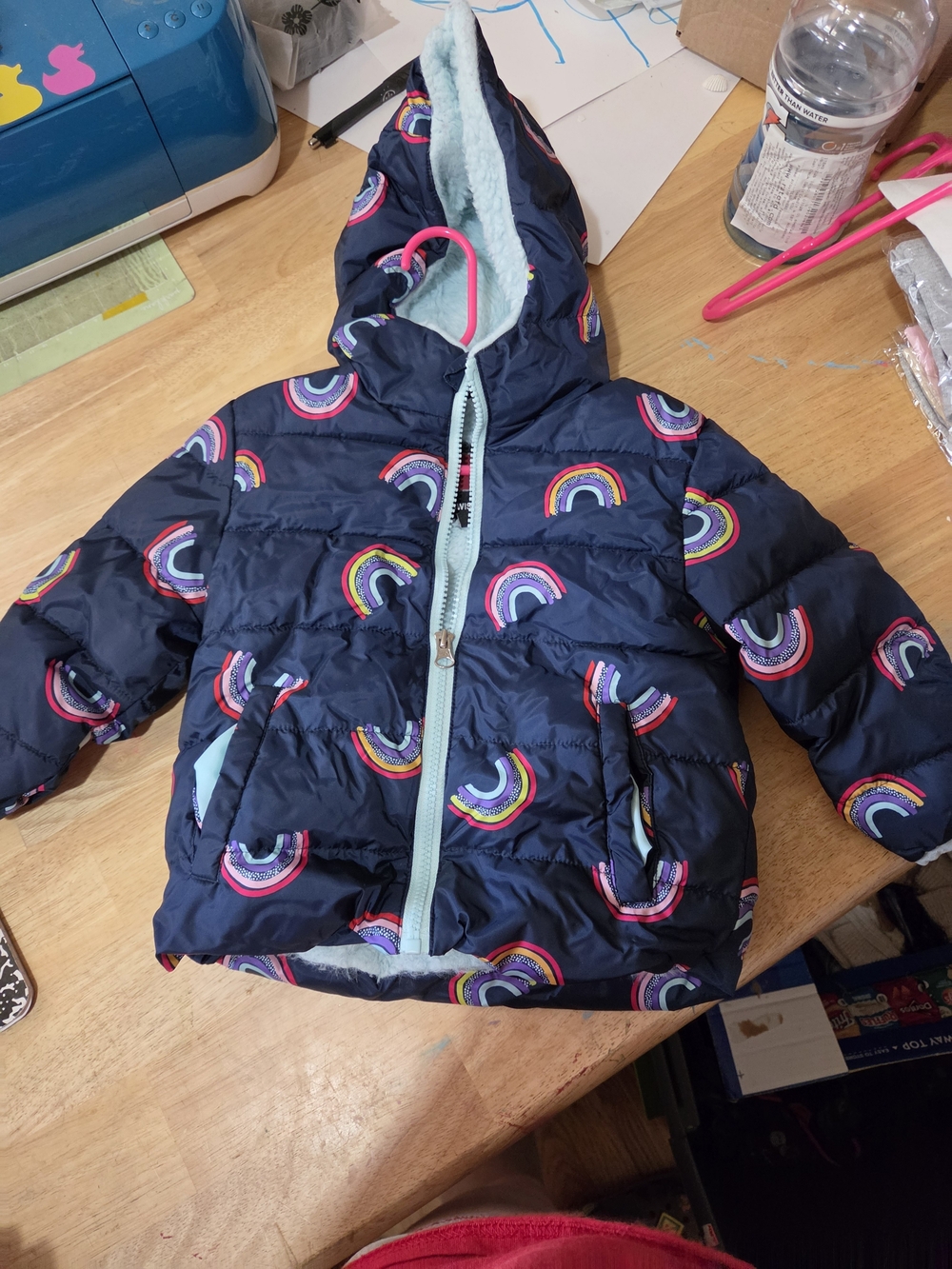 Swiss Tech Navy Hooded Puffer Jacket with Rainbow Print
